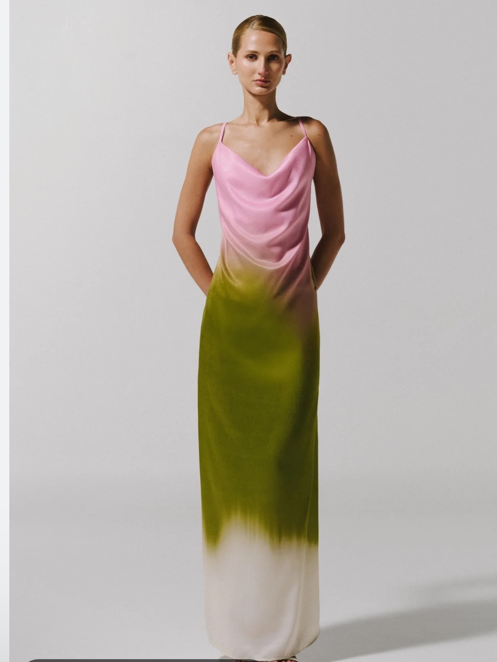 Baobab Collection Pink-to-Olive Ombre Cowl Slip Maxi Dress
